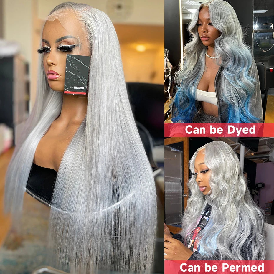 Silver Grey Lace Front Human Hair Wigs For Women 13x6 Hd Transparent Lace Frontal Wig Pre Plucked Bone Straight Gray Color Hair