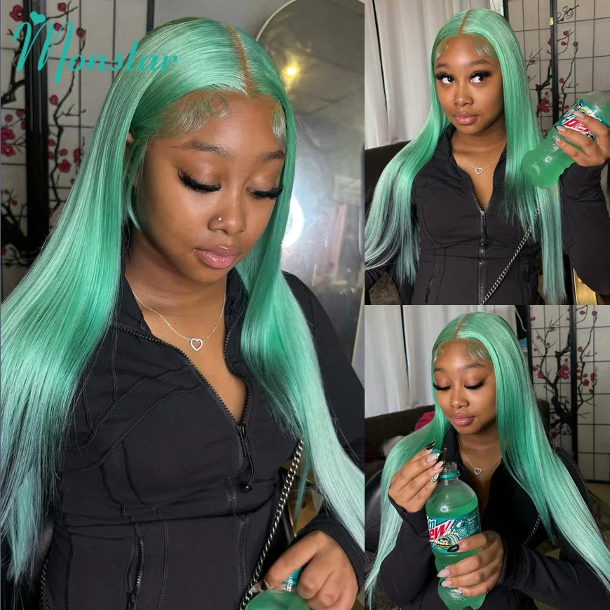 Mint Green Colored Human Hair Wigs Brazilian Straight 13x6 HD Transparent Lace Frontal Human Hair Wigs for Black Women 200% 220%