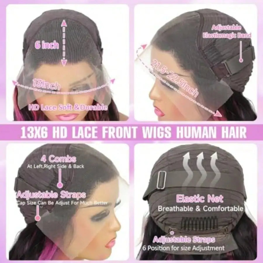 220% Density Body Wave Highlight Wig Human Hair Pink And Black Colored Wig 1B/Pink Ombre 13x6 HD Lace Front Wigs Pre Plucked