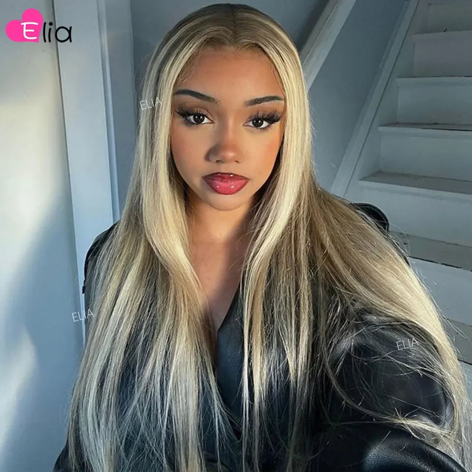 13x4 13x6 Brown Roots Highlight Wigs for Women Transparent Lace Front Wig Human Hair Preplucked Highlight 613 Lace Frontal Wig