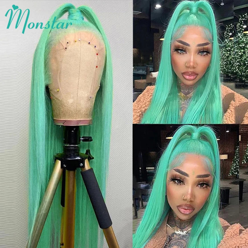Mint Green Colored Human Hair Wigs Brazilian Straight 13x6 HD Transparent Lace Frontal Human Hair Wigs for Black Women 200% 220%