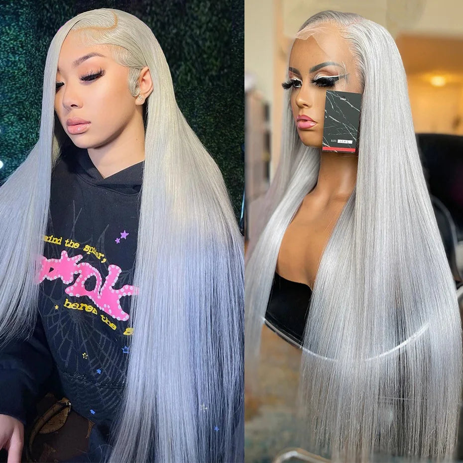 Silver Grey Lace Front Human Hair Wigs For Women 13x6 Hd Transparent Lace Frontal Wig Pre Plucked Bone Straight Gray Color Hair