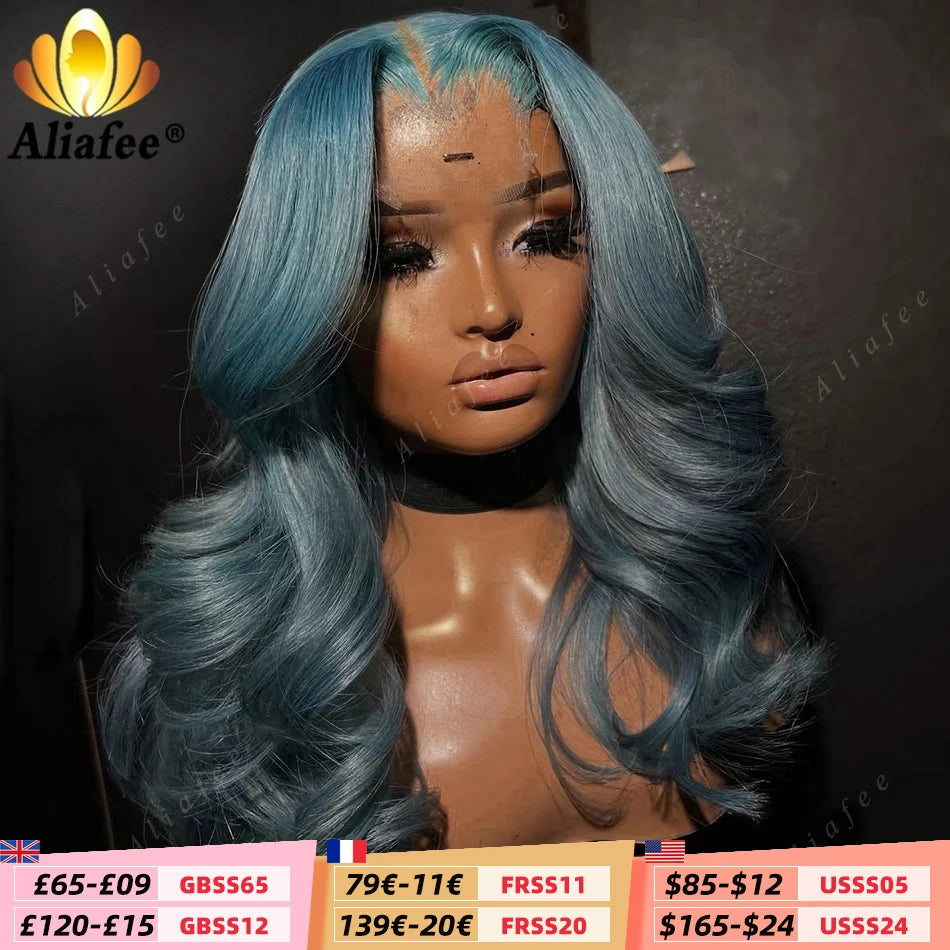 Haze Blue 200% Density Lace Front Wig Human Hair for Women New Color Pre Plucked Blue Body Wave Wigs 13x4 Lace Frontal Wigs