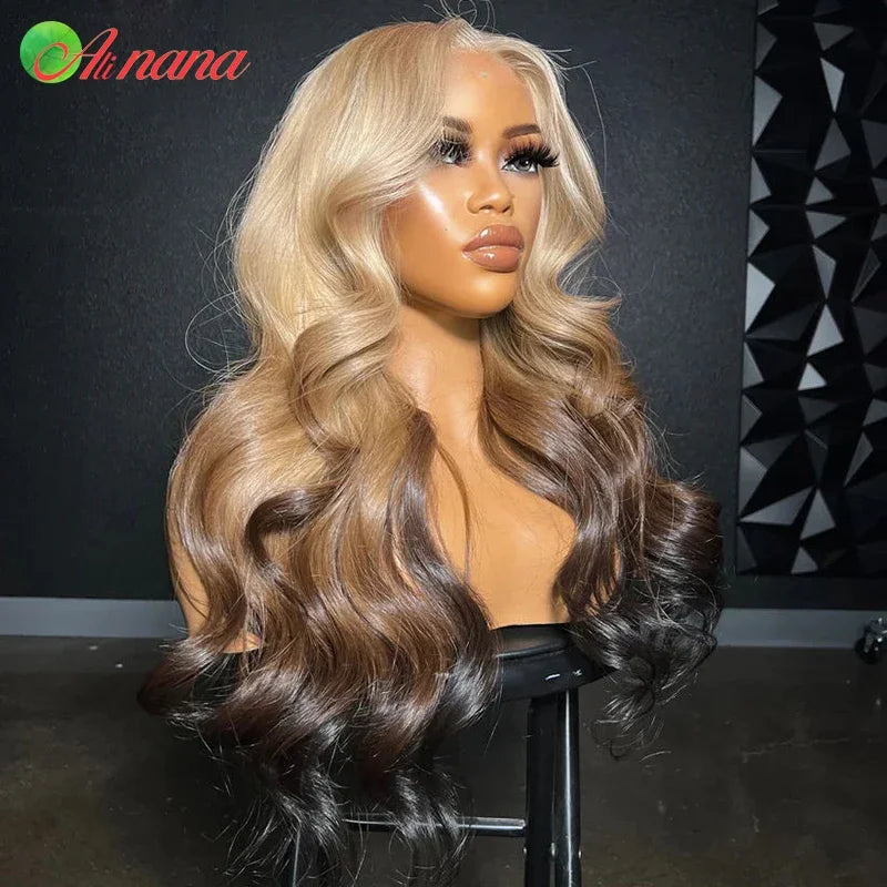 HD 13x4 Lace Frontal Wig Body Wave Ombre Blonde Brown Colored PrePlucked Highlight5x7 Lace Closure Wig Human Hair Wig For Women