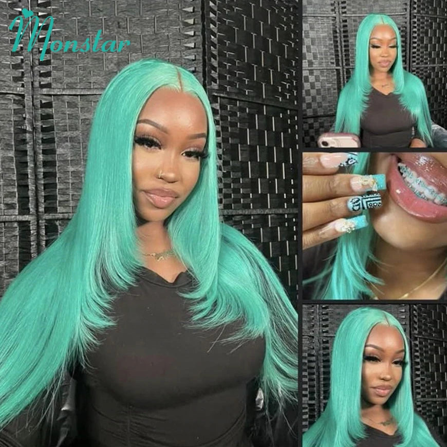 Mint Green Colored Human Hair Wigs Brazilian Straight 13x6 HD Transparent Lace Frontal Human Hair Wigs for Black Women 200% 220%
