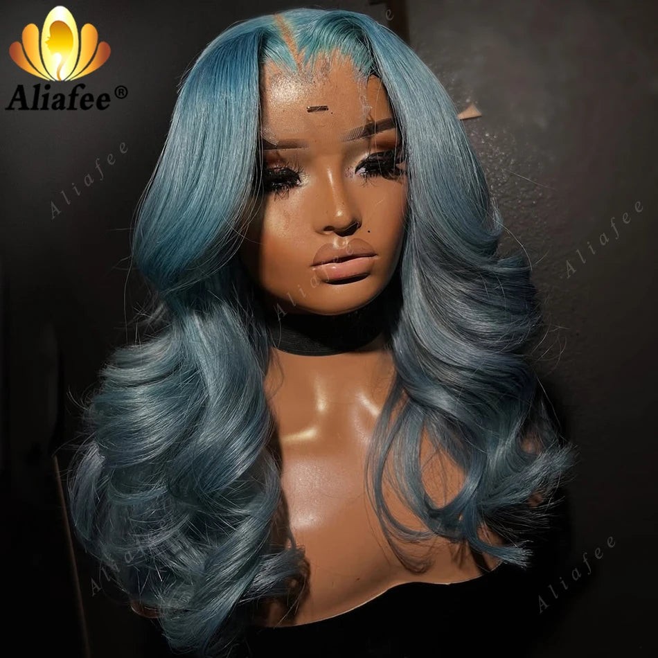 Haze Blue 200% Density Lace Front Wig Human Hair for Women New Color Pre Plucked Blue Body Wave Wigs 13x4 Lace Frontal Wigs
