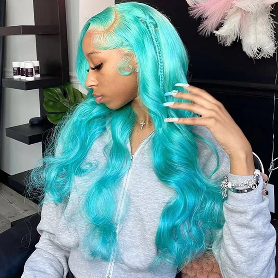 Mint Green 13x6 Lace Frontal Wig Human Hair Body Wave 30 38 Inch Hd Green Lace Front Wig Colored Transparent 200 220 Density