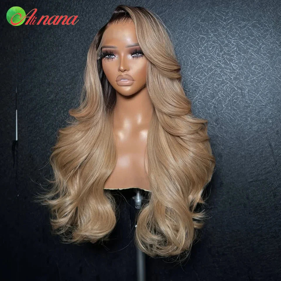 HD 13x4 Lace Frontal Wig Body Wave Ombre Blonde Brown Colored PrePlucked Highlight5x7 Lace Closure Wig Human Hair Wig For Women