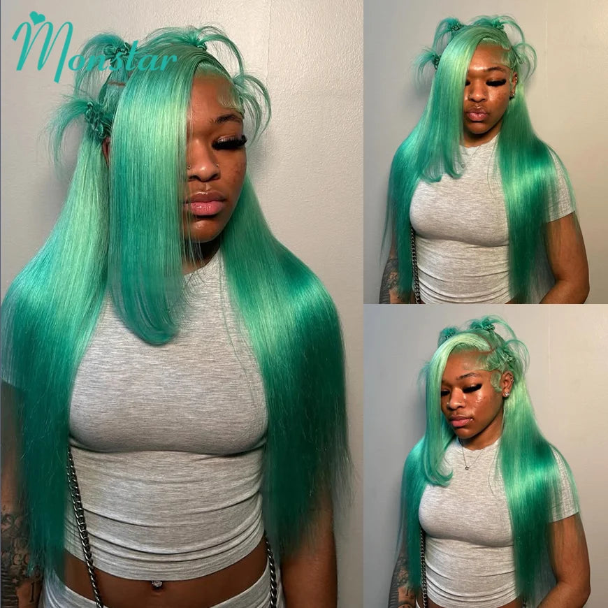 Mint Green Colored Human Hair Wigs Brazilian Straight 13x6 HD Transparent Lace Frontal Human Hair Wigs for Black Women 200% 220%