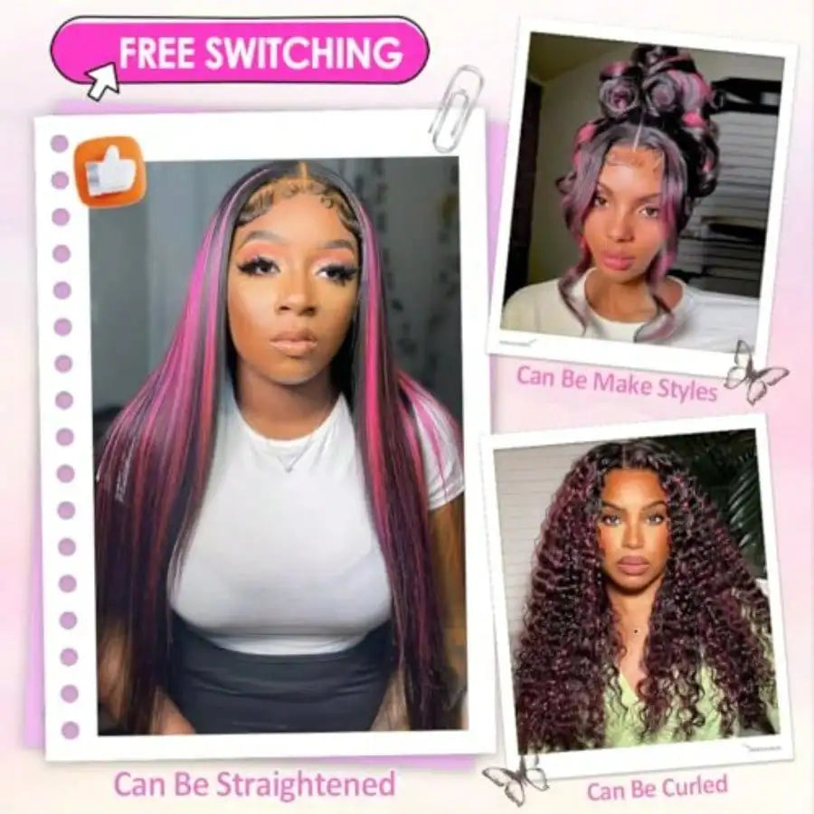 220% Density Body Wave Highlight Wig Human Hair Pink And Black Colored Wig 1B/Pink Ombre 13x6 HD Lace Front Wigs Pre Plucked