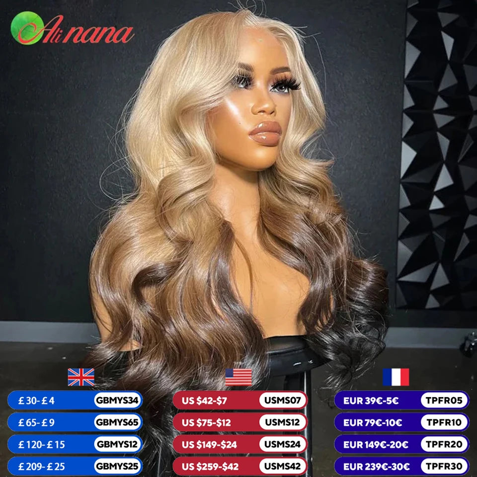 HD 13x4 Lace Frontal Wig Body Wave Ombre Blonde Brown Colored PrePlucked Highlight5x7 Lace Closure Wig Human Hair Wig For Women