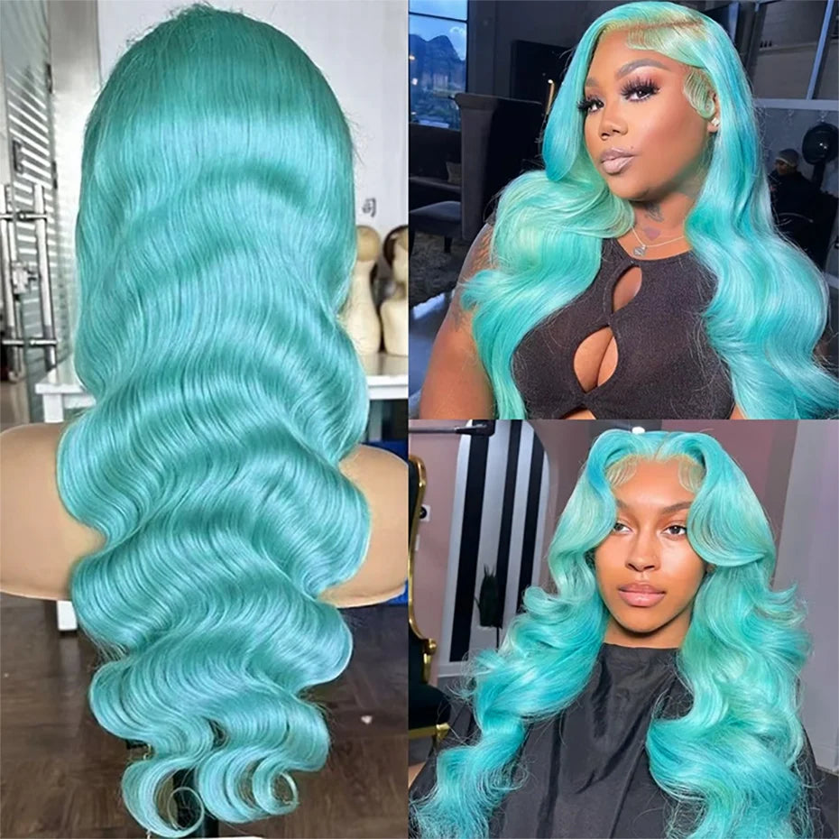 Mint Green 13x6 Lace Frontal Wig Human Hair Body Wave 30 38 Inch Hd Green Lace Front Wig Colored Transparent 200 220 Density