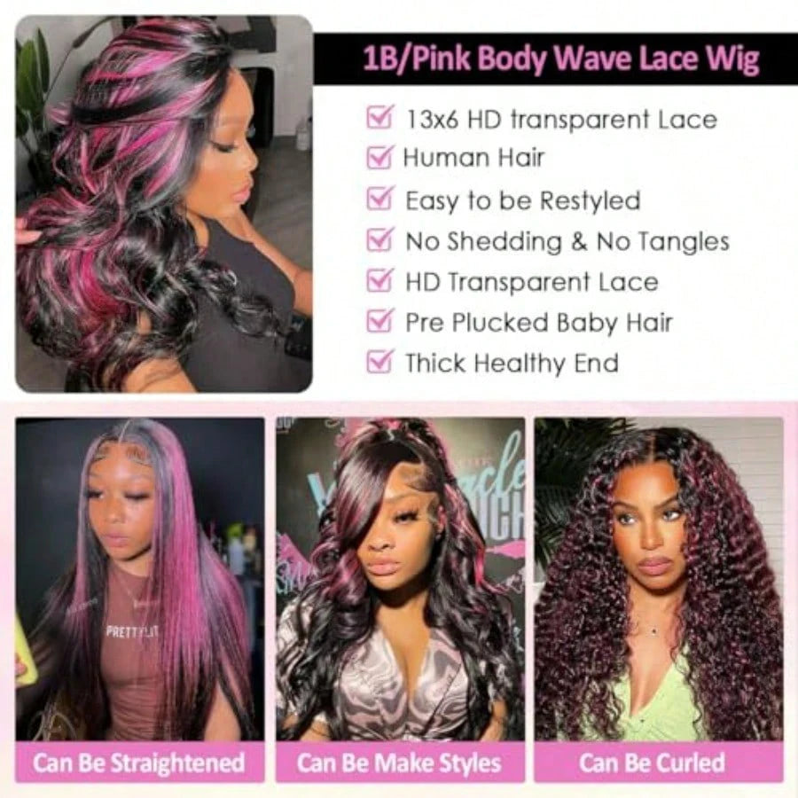 220% Density Body Wave Highlight Wig Human Hair Pink And Black Colored Wig 1B/Pink Ombre 13x6 HD Lace Front Wigs Pre Plucked