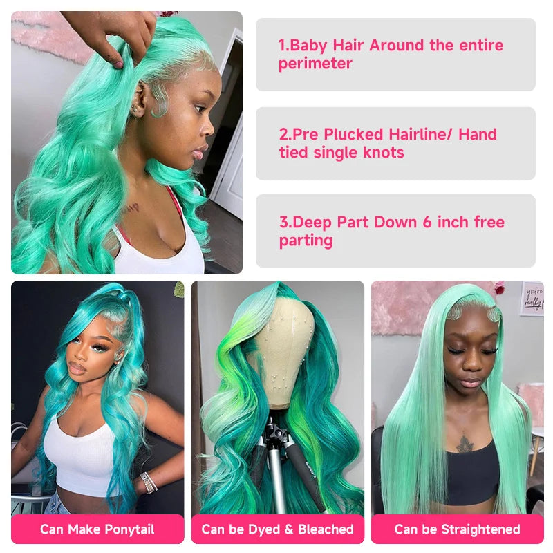 Mint Green 13x6 Lace Frontal Wig Human Hair Body Wave 30 38 Inch Hd Green Lace Front Wig Colored Transparent 200 220 Density