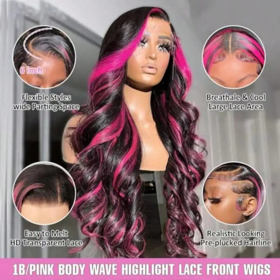 220% Density Body Wave Highlight Wig Human Hair Pink And Black Colored Wig 1B/Pink Ombre 13x6 HD Lace Front Wigs Pre Plucked