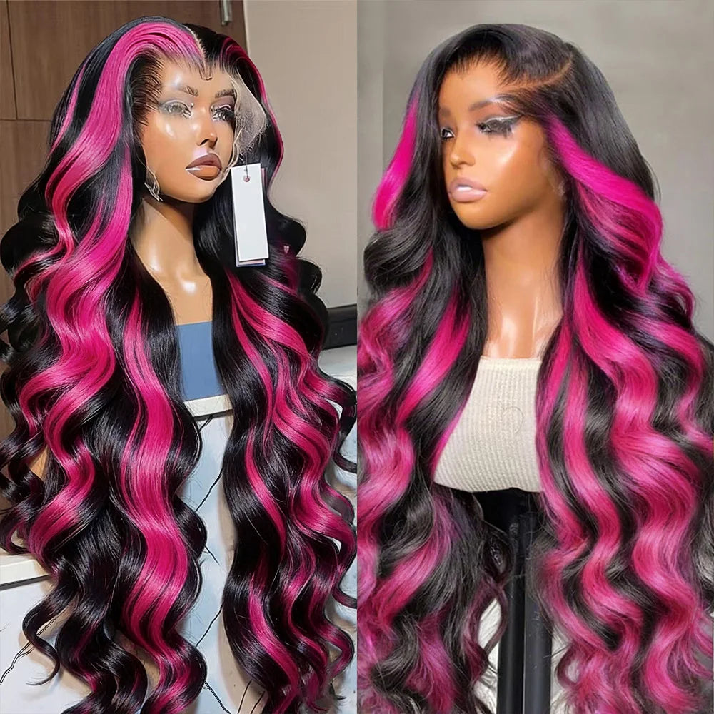 220% Density Body Wave Highlight Wig Human Hair Pink And Black Colored Wig 1B/Pink Ombre 13x6 HD Lace Front Wigs Pre Plucked