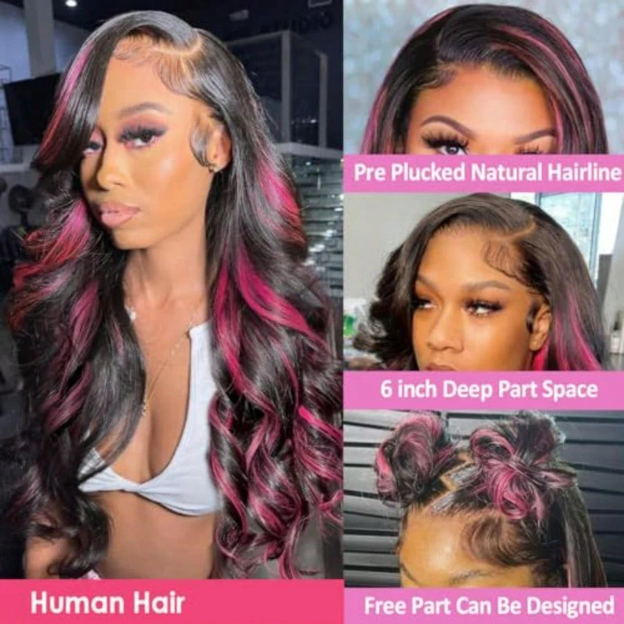 220% Density Body Wave Highlight Wig Human Hair Pink And Black Colored Wig 1B/Pink Ombre 13x6 HD Lace Front Wigs Pre Plucked