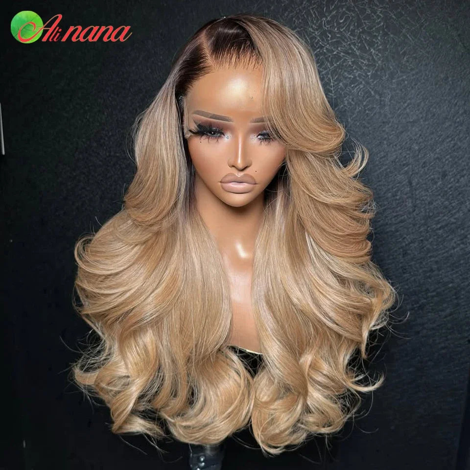 HD 13x4 Lace Frontal Wig Body Wave Ombre Blonde Brown Colored PrePlucked Highlight5x7 Lace Closure Wig Human Hair Wig For Women