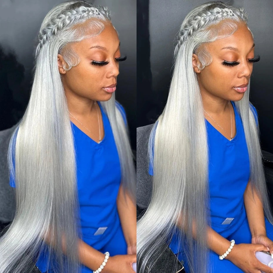 Silver Grey Lace Front Human Hair Wigs For Women 13x6 Hd Transparent Lace Frontal Wig Pre Plucked Bone Straight Gray Color Hair