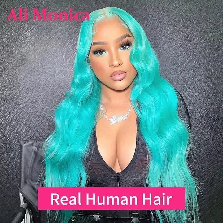 Mint Green 13x6 Lace Frontal Wig Human Hair Body Wave 30 38 Inch Hd Green Lace Front Wig Colored Transparent 200 220 Density
