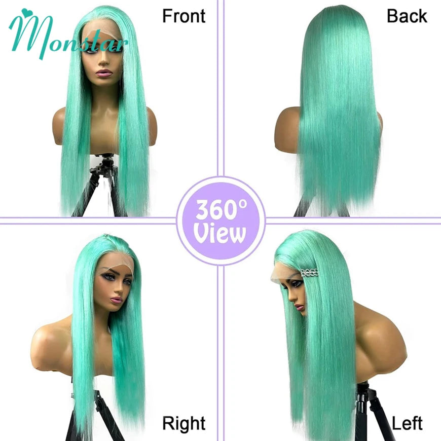 Mint Green Colored Human Hair Wigs Brazilian Straight 13x6 HD Transparent Lace Frontal Human Hair Wigs for Black Women 200% 220%