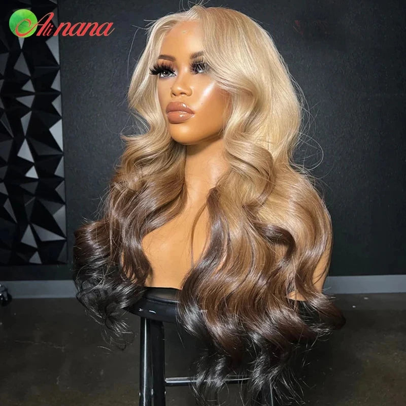 HD 13x4 Lace Frontal Wig Body Wave Ombre Blonde Brown Colored PrePlucked Highlight5x7 Lace Closure Wig Human Hair Wig For Women