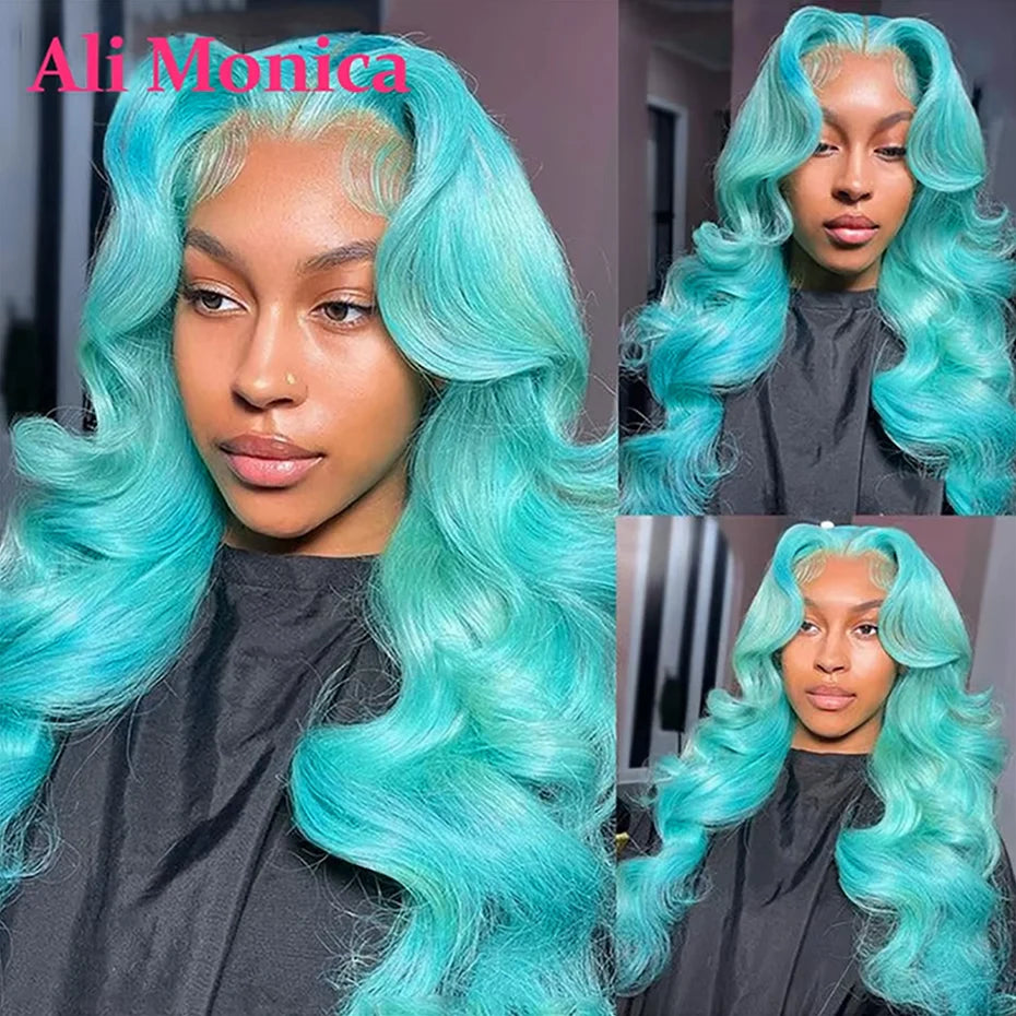 Mint Green 13x6 Lace Frontal Wig Human Hair Body Wave 30 38 Inch Hd Green Lace Front Wig Colored Transparent 200 220 Density