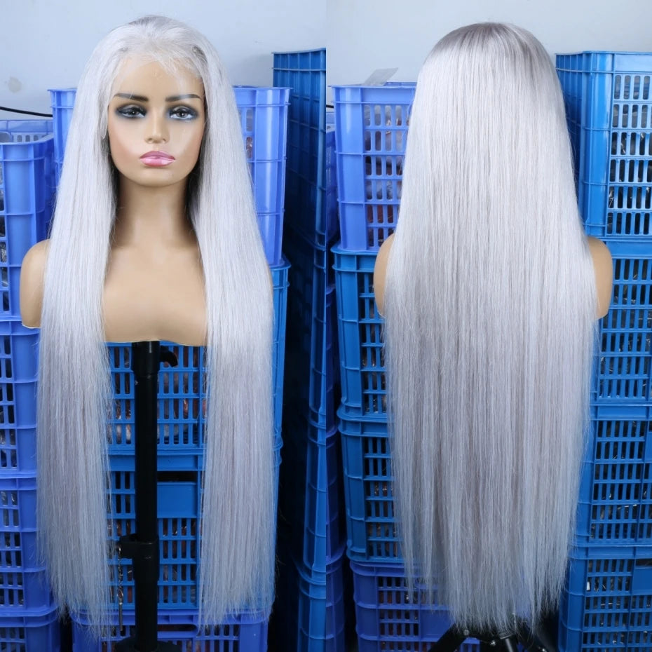 Silver Grey Lace Front Human Hair Wigs For Women 13x6 Hd Transparent Lace Frontal Wig Pre Plucked Bone Straight Gray Color Hair